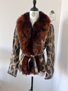 Vintage Leopard Print Lamb Leather Fox Fur Collar Jacket Moto Coat Mobwife M-L
